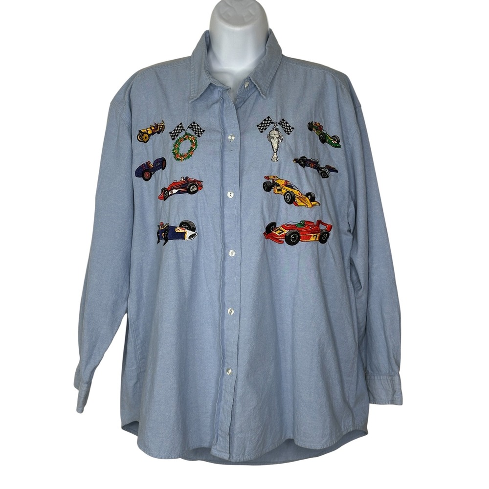 Casey Coleman Race Car Button Down Shirt M/L Blue Embroidered Vintage Chambray